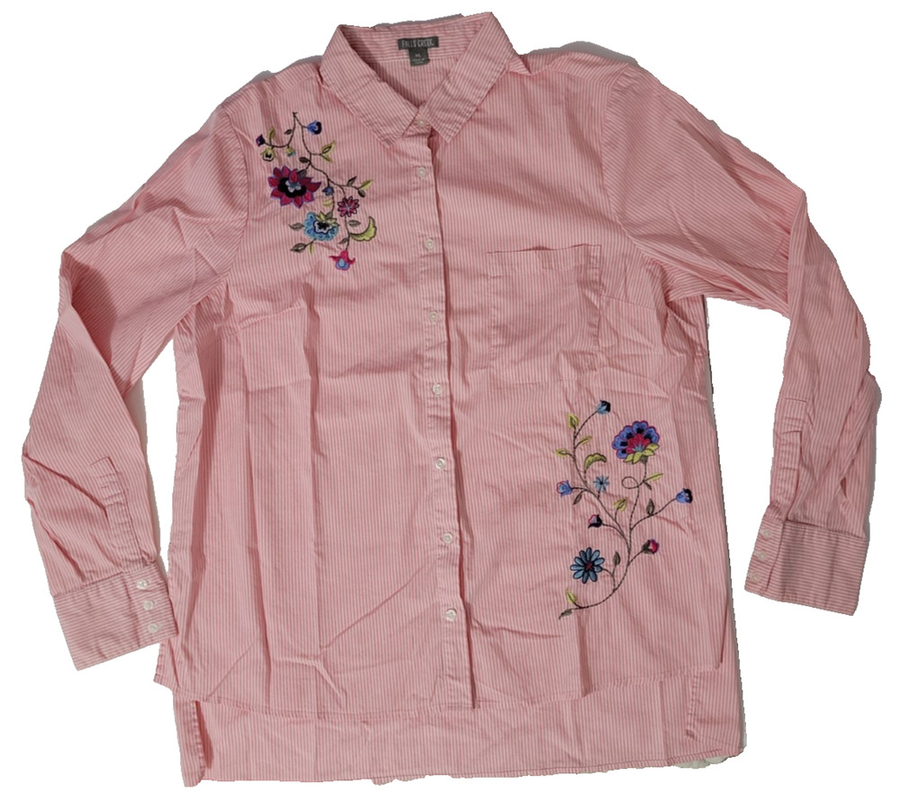Falls Creek Womens XL Pink Striped Floral Embroidered Button Up Shirt Long Sleev